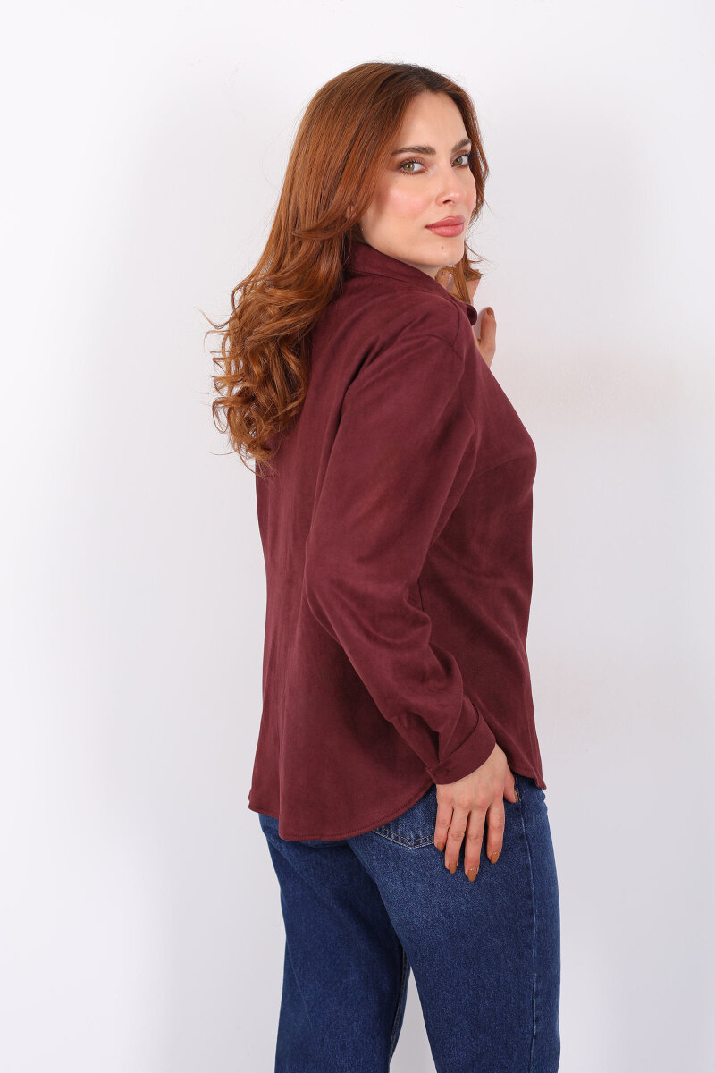 Cep Kapağı Desenli Oversize Bordo Kadın Süet Gömlek - 5