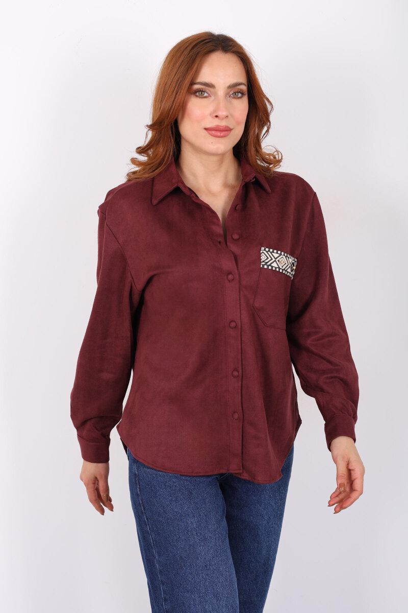 Cep Kapağı Desenli Oversize Bordo Kadın Süet Gömlek - 3