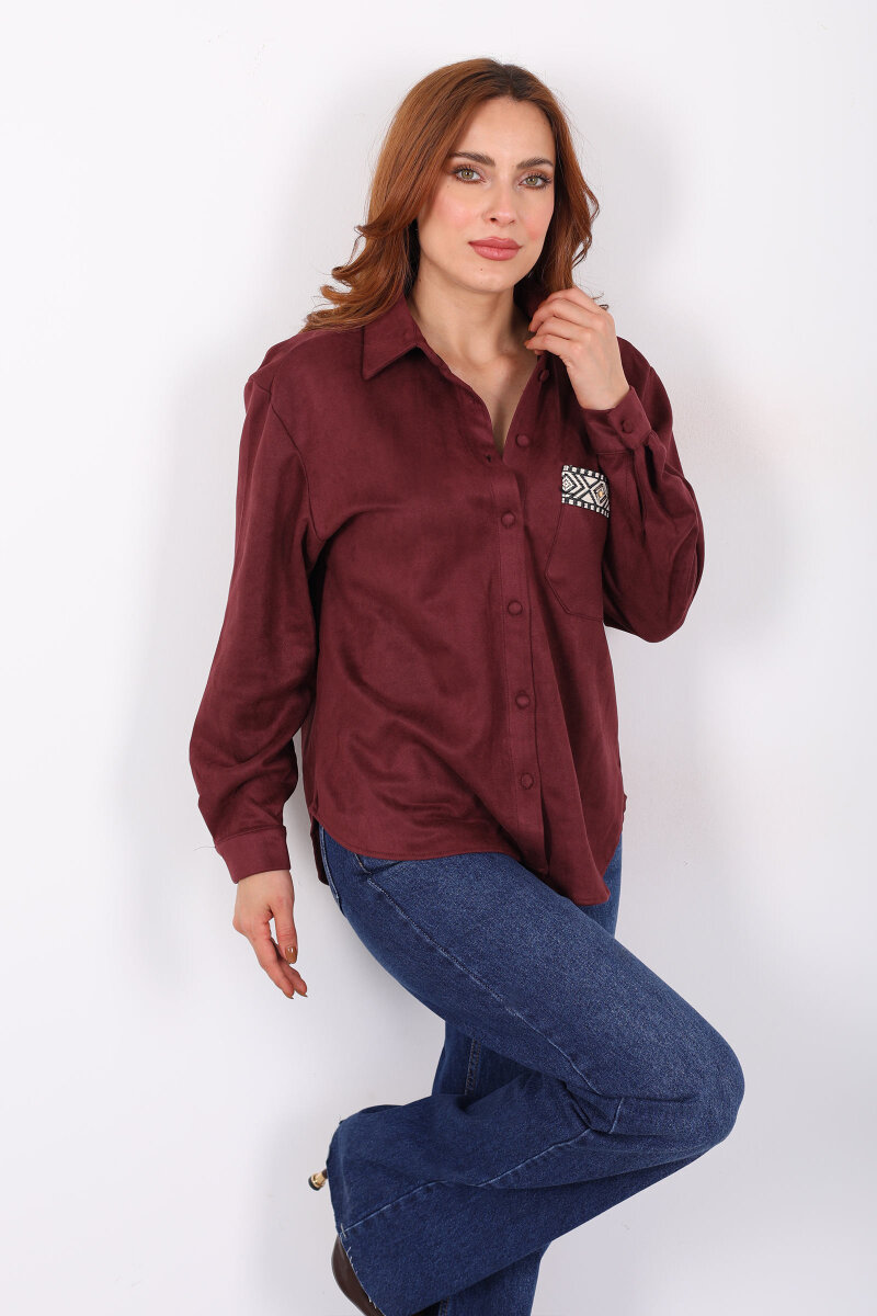 Cep Kapağı Desenli Oversize Bordo Kadın Süet Gömlek - 1