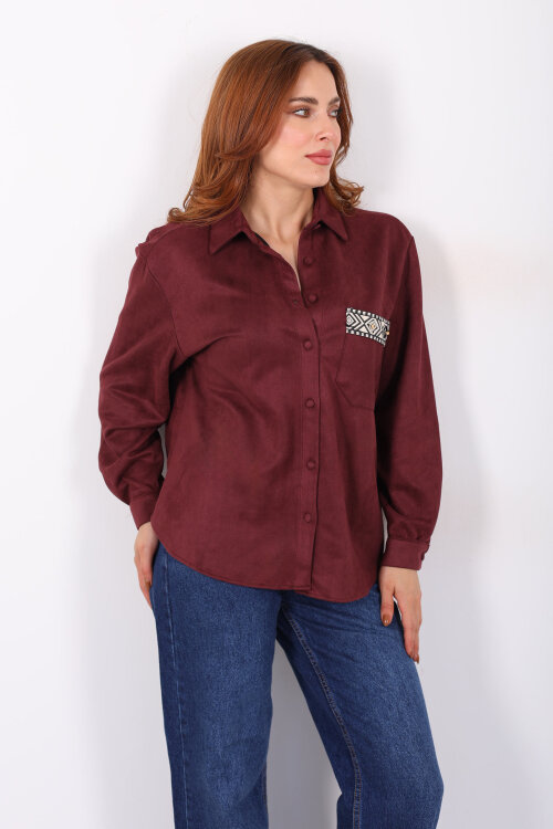 Cep Kapağı Desenli Oversize Bordo Kadın Süet Gömlek - 4