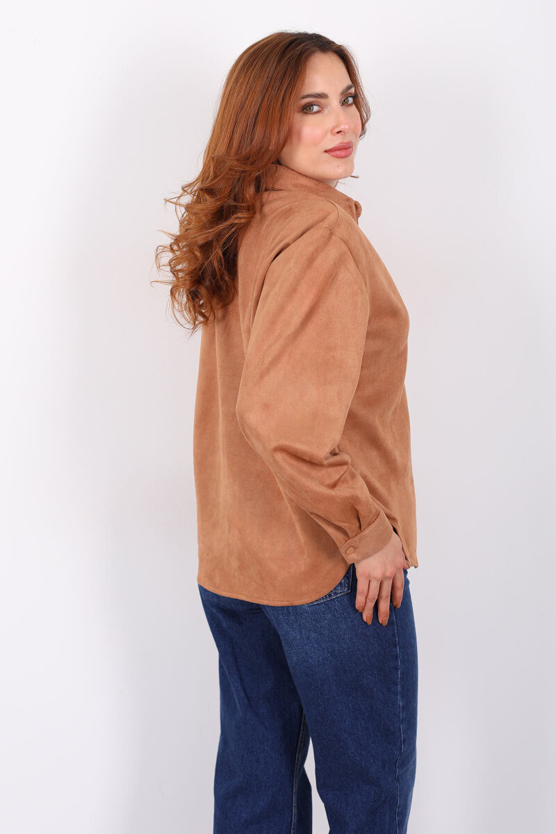 Cep Kapağı Desenli Oversize Camel Kadın Süet Gömlek - 5