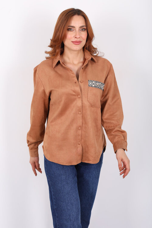Cep Kapağı Desenli Oversize Camel Kadın Süet Gömlek - 6