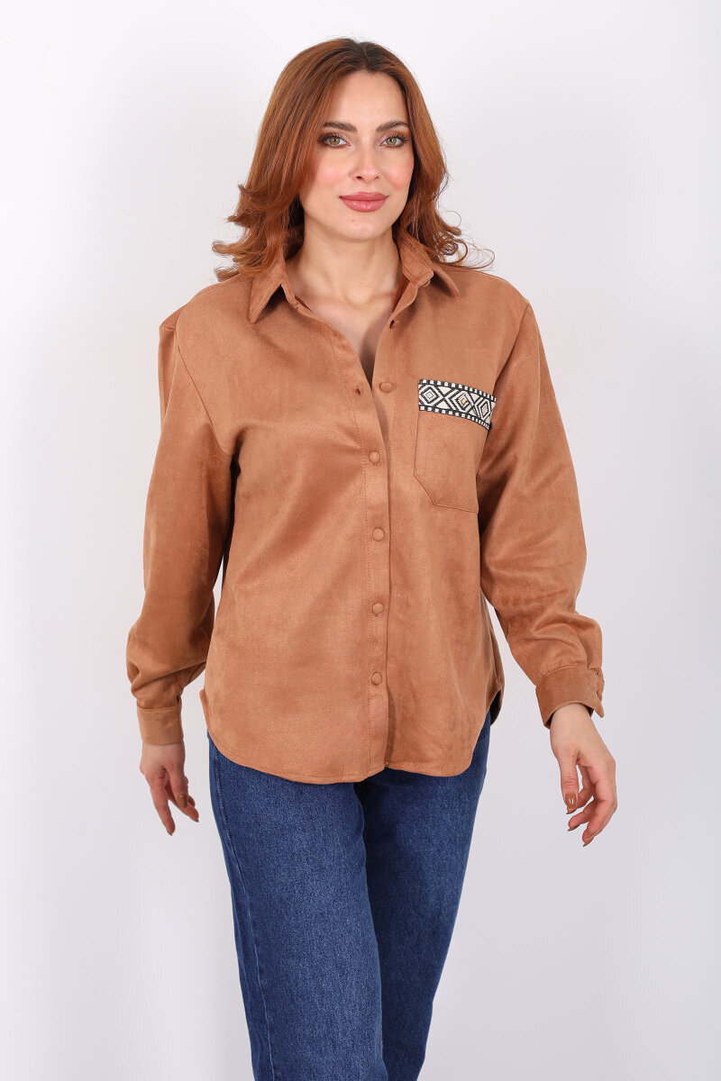 Cep Kapağı Desenli Oversize Camel Kadın Süet Gömlek - 6