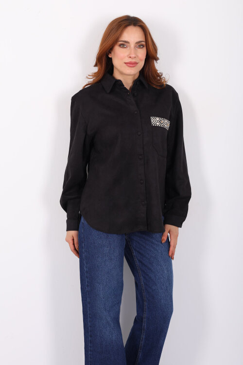 Cep Kapağı Desenli Oversize Siyah Kadın Süet Gömlek - 5
