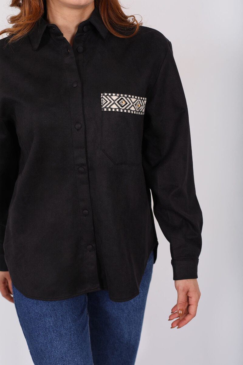 Cep Kapağı Desenli Oversize Siyah Kadın Süet Gömlek - 2
