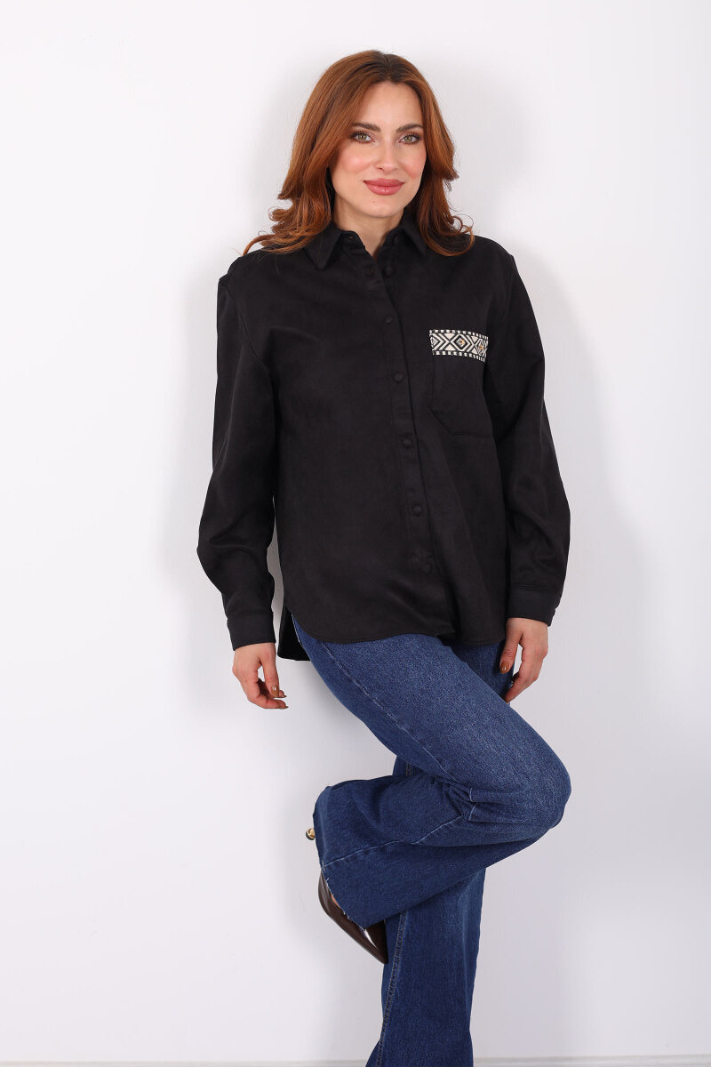 Cep Kapağı Desenli Oversize Siyah Kadın Süet Gömlek - 3