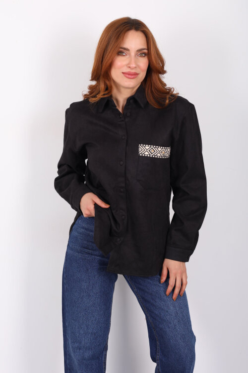 Cep Kapağı Desenli Oversize Siyah Kadın Süet Gömlek - Berox