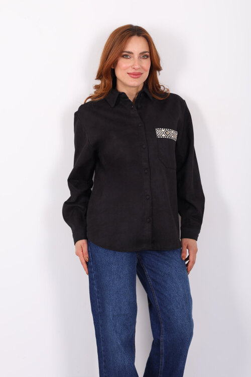 Cep Kapağı Desenli Oversize Siyah Kadın Süet Gömlek - 6