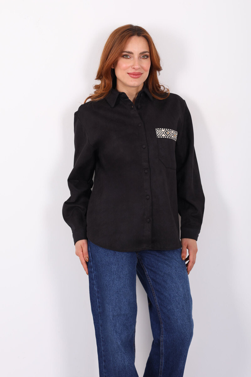Cep Kapağı Desenli Oversize Siyah Kadın Süet Gömlek - 6