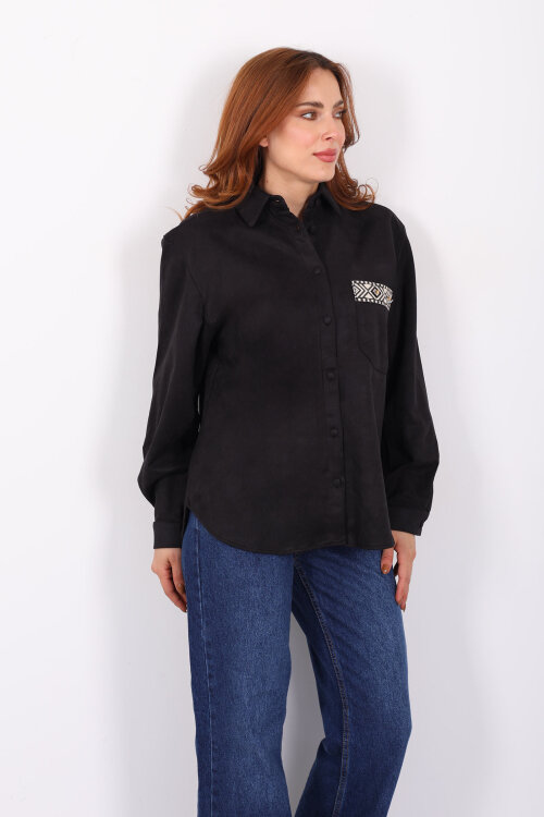 Cep Kapağı Desenli Oversize Siyah Kadın Süet Gömlek - 4