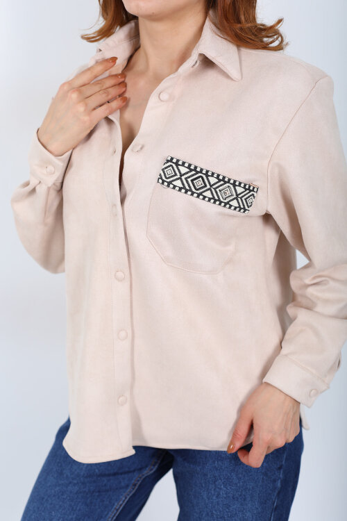 Cep Kapağı Desenli Oversize Taş Rengi Kadın Süet Gömlek - Berox (1)