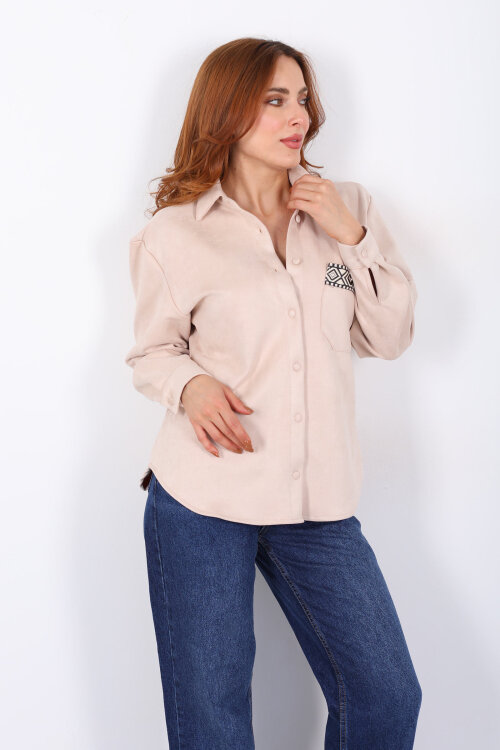 Cep Kapağı Desenli Oversize Taş Rengi Kadın Süet Gömlek - 3