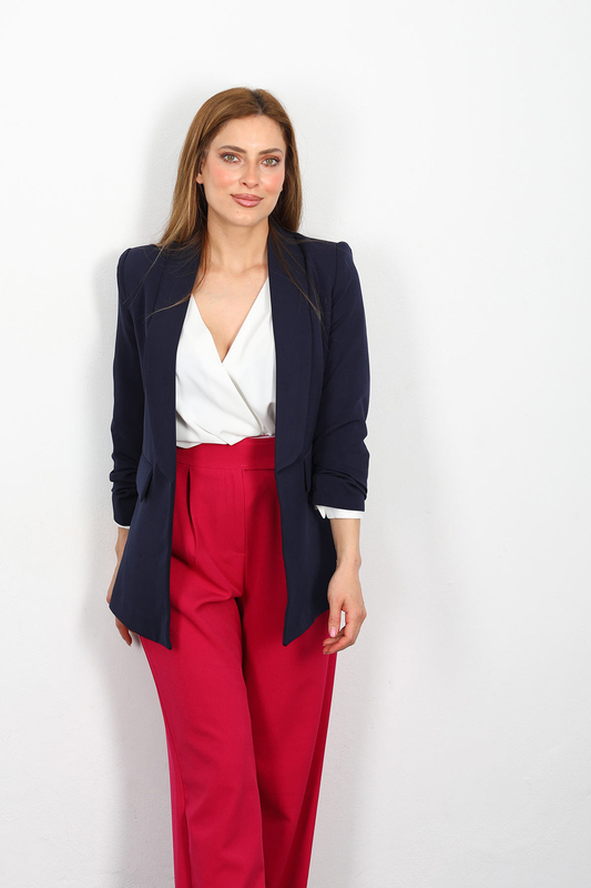 Cep Kapaklı Kadın Lacivert Kolları Katlamalı Blazer Ceket - 3