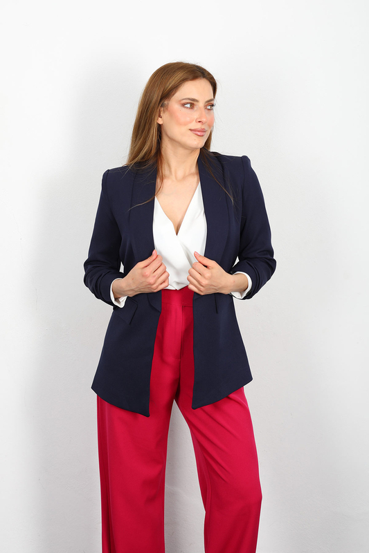 Cep Kapaklı Kadın Lacivert Kolları Katlamalı Blazer Ceket - 2