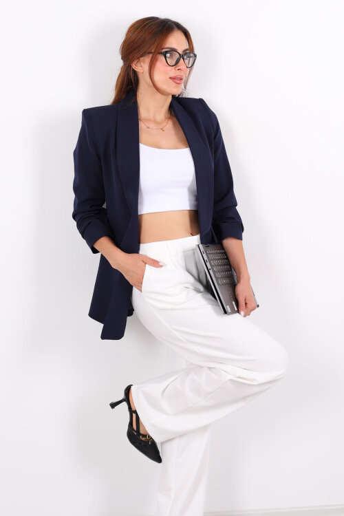 Cep Kapaklı Kadın Lacivert Kolları Katlamalı Blazer Ceket - Berox