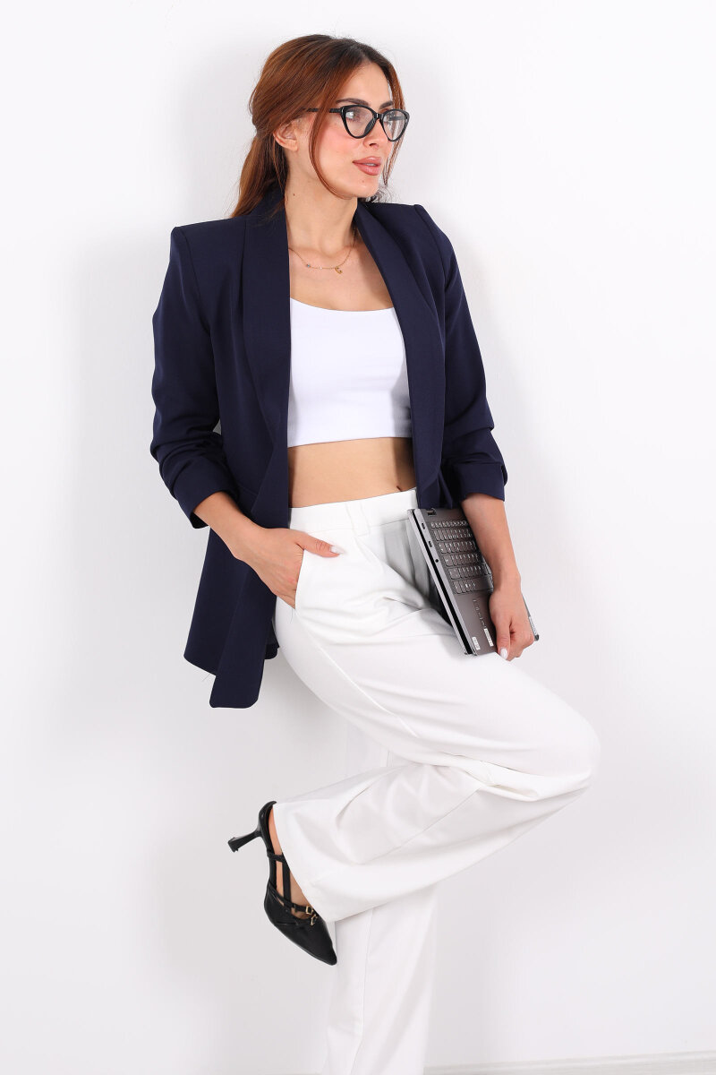 Cep Kapaklı Kadın Lacivert Kolları Katlamalı Blazer Ceket - 1