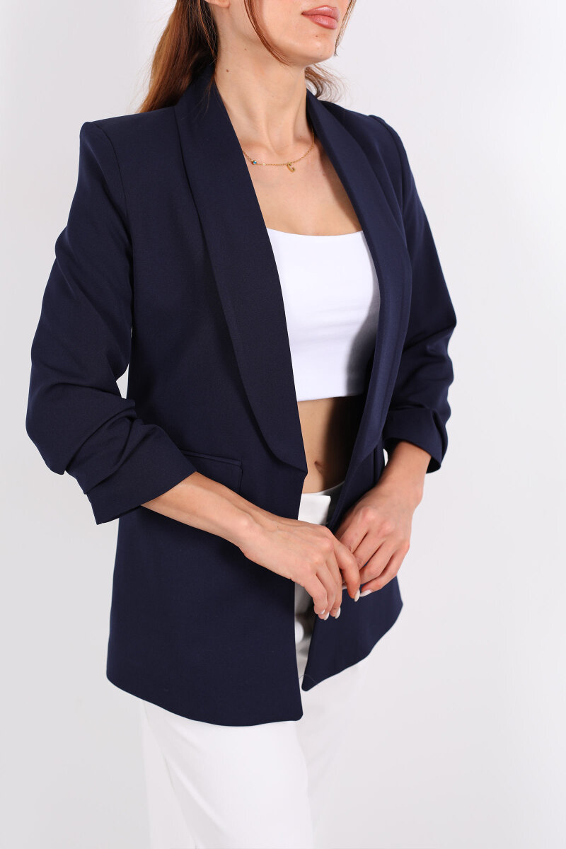 Cep Kapaklı Kadın Lacivert Kolları Katlamalı Blazer Ceket - 2