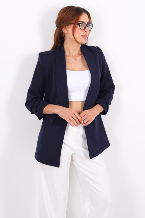 Cep Kapaklı Kadın Lacivert Kolları Katlamalı Blazer Ceket - 6
