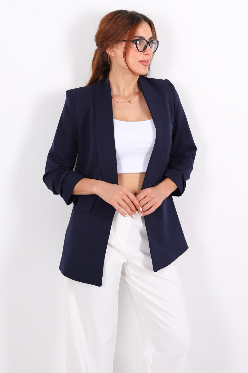 Cep Kapaklı Kadın Lacivert Kolları Katlamalı Blazer Ceket - 6