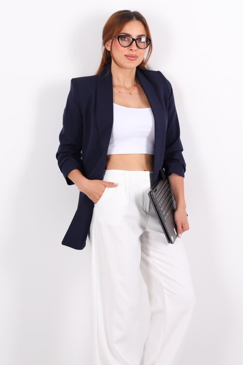 Cep Kapaklı Kadın Lacivert Kolları Katlamalı Blazer Ceket - 3