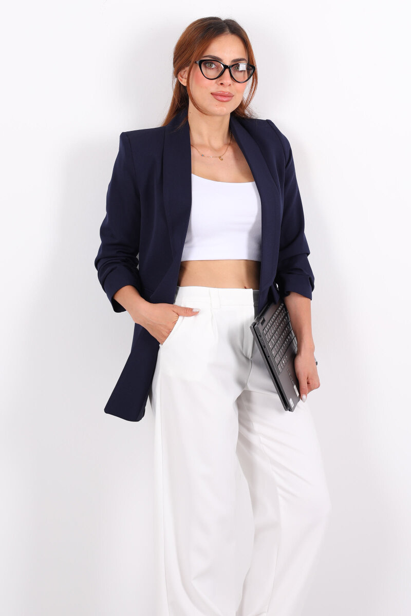 Cep Kapaklı Kadın Lacivert Kolları Katlamalı Blazer Ceket - 3