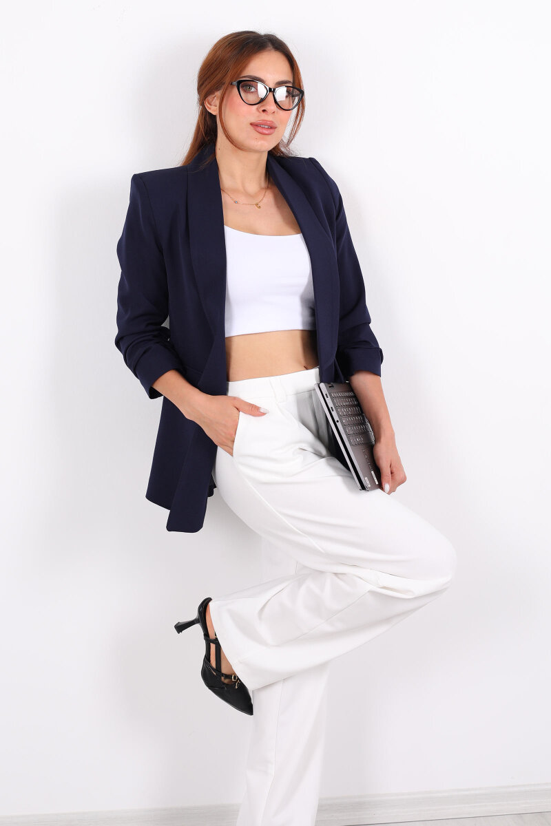 Cep Kapaklı Kadın Lacivert Kolları Katlamalı Blazer Ceket - 4