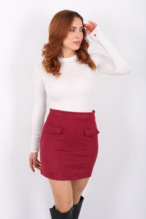 Cep Kapaklı Kadın Mürdüm Süet Etek - 4