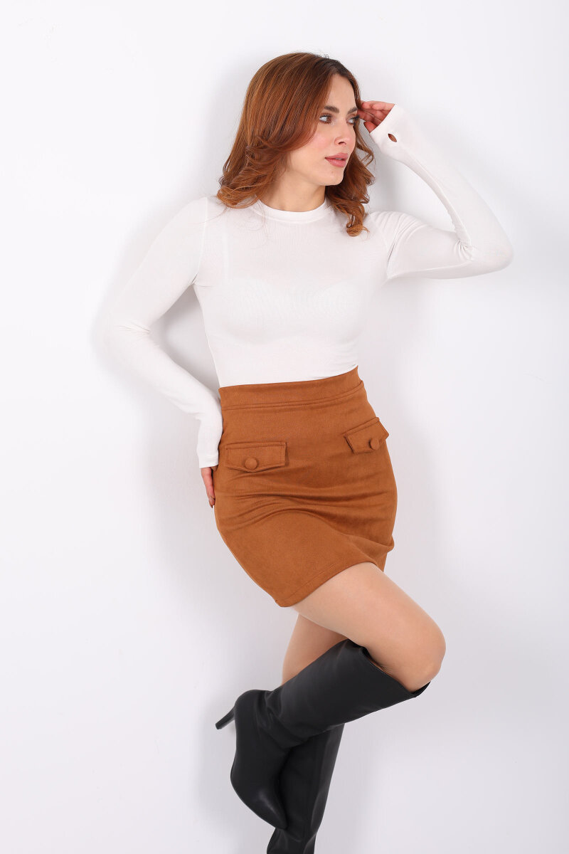 Cep Kapaklı Kadın Taba Süet Etek - 1