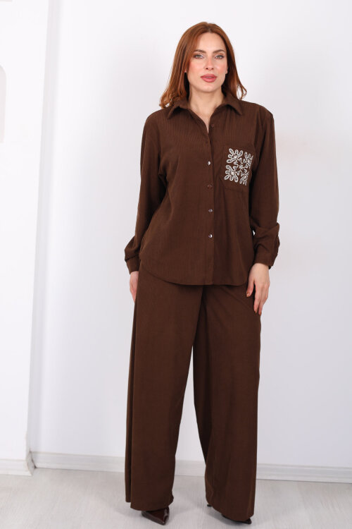 Cep Nakışlı Oversize Acı Kahve Kadın Kadife Gömlek - 6