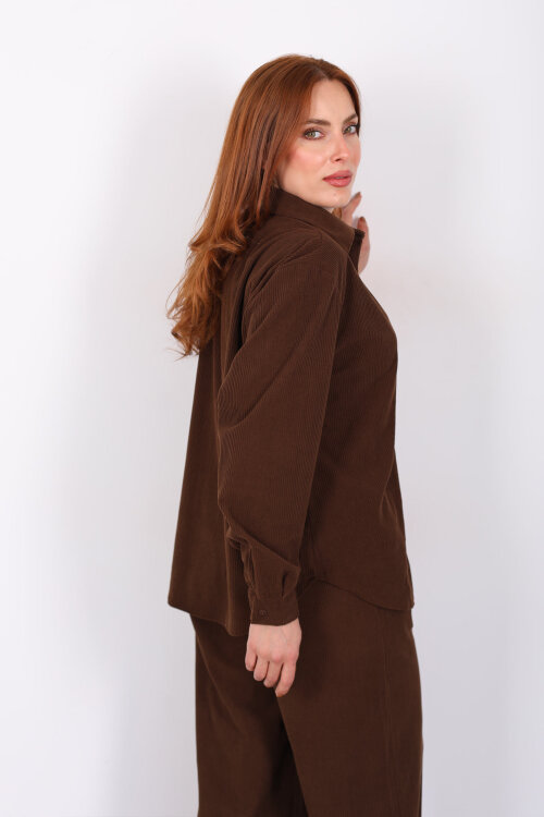 Cep Nakışlı Oversize Acı Kahve Kadın Kadife Gömlek - 5