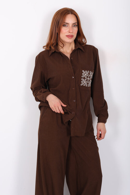 Cep Nakışlı Oversize Acı Kahve Kadın Kadife Gömlek - 4