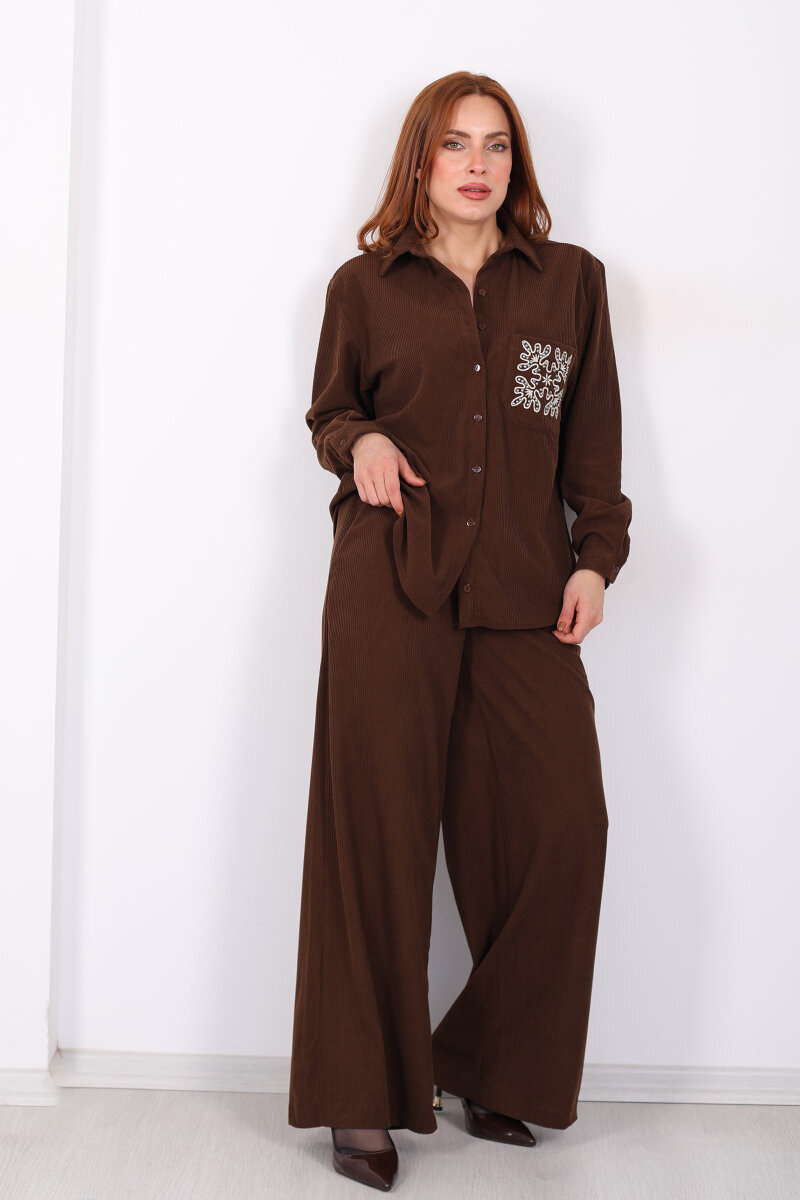 Cep Nakışlı Oversize Acı Kahve Kadın Kadife Gömlek - 3