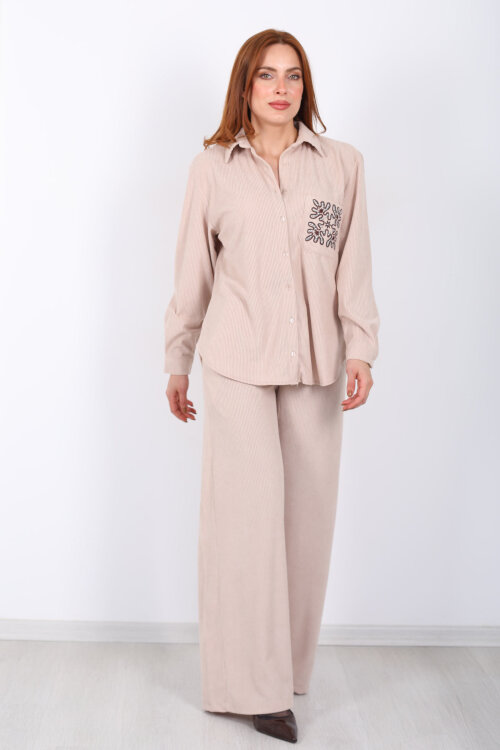 Cep Nakışlı Oversize Bej Kadın Kadife Gömlek - 3