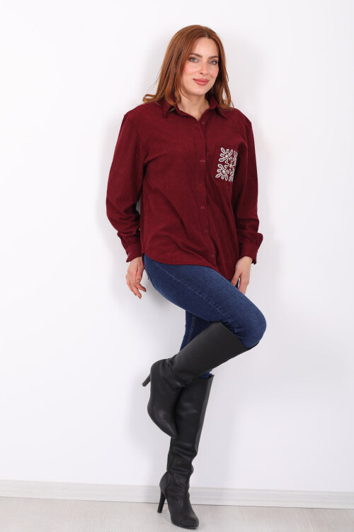 Cep Nakışlı Oversize Bordo Kadın Kadife Gömlek - 6