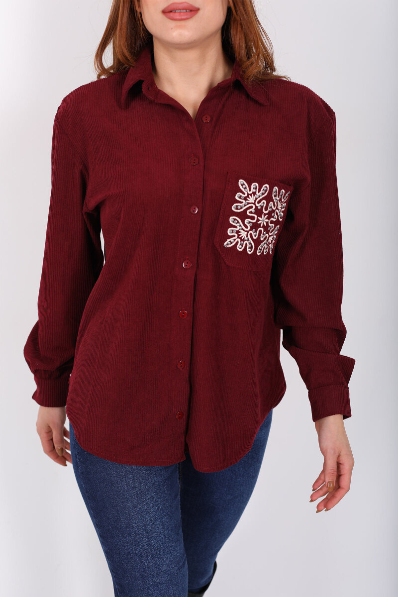 Cep Nakışlı Oversize Bordo Kadın Kadife Gömlek - 2