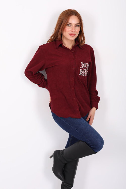 Cep Nakışlı Oversize Bordo Kadın Kadife Gömlek - Berox