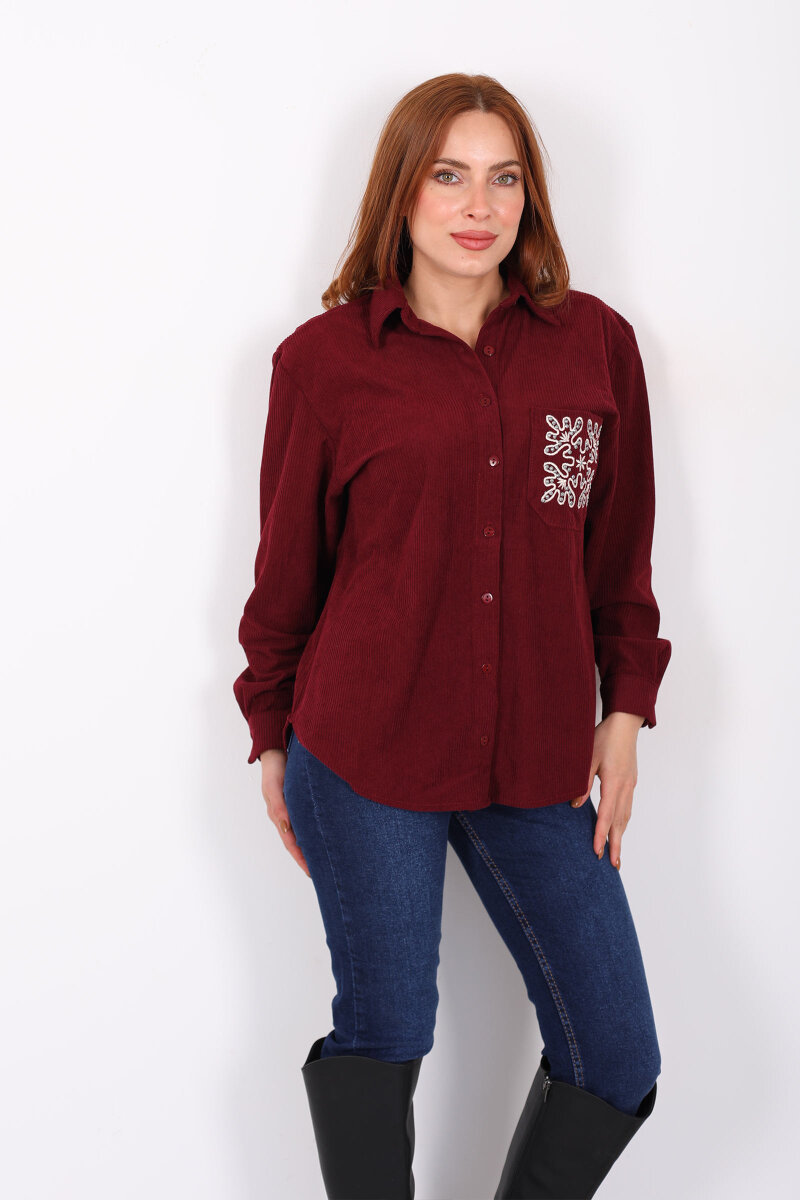 Cep Nakışlı Oversize Bordo Kadın Kadife Gömlek - 4