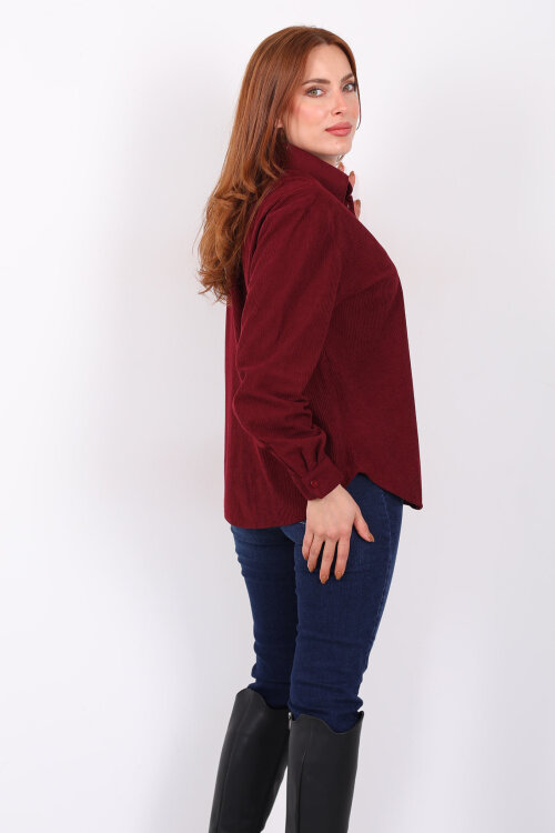 Cep Nakışlı Oversize Bordo Kadın Kadife Gömlek - 5