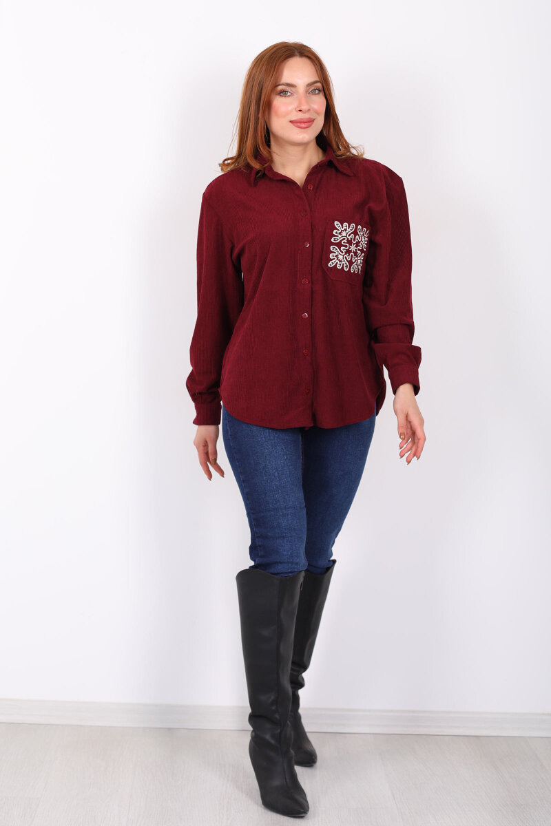 Cep Nakışlı Oversize Bordo Kadın Kadife Gömlek - 3