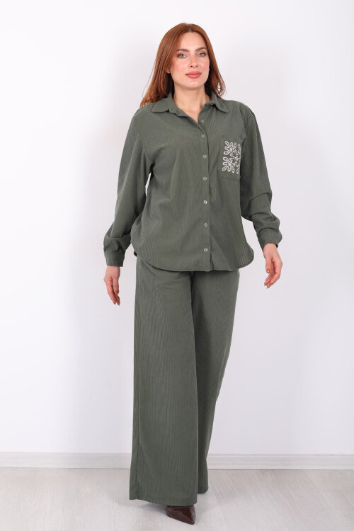 Cep Nakışlı Oversize Haki Kadın Kadife Gömlek - 6