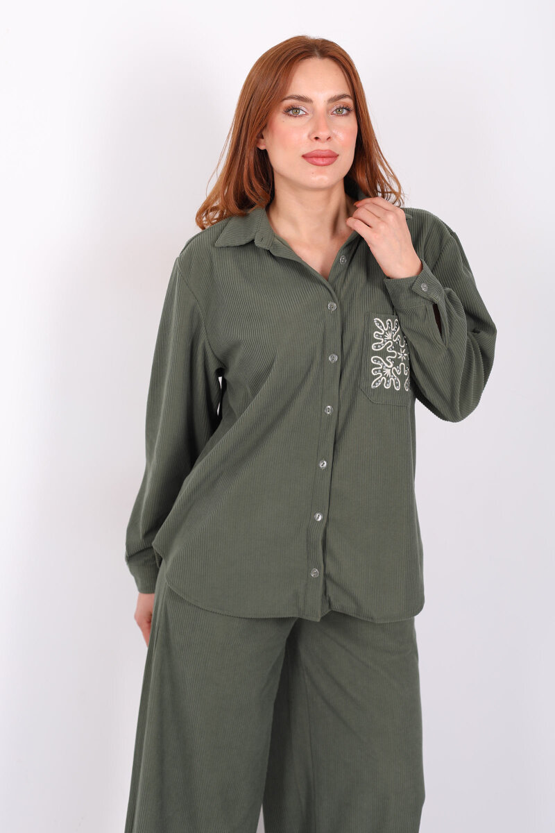 Cep Nakışlı Oversize Haki Kadın Kadife Gömlek - 4