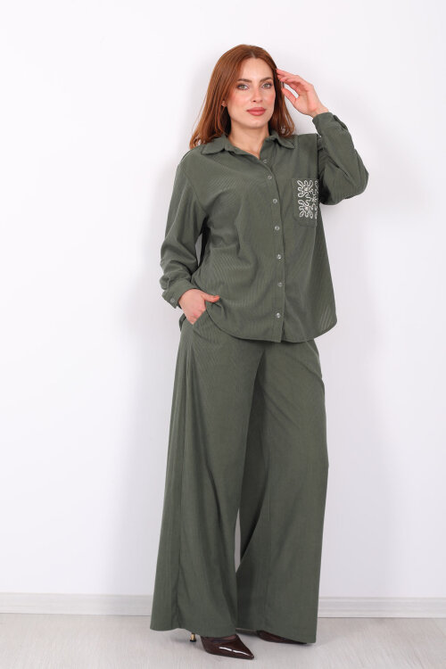 Cep Nakışlı Oversize Haki Kadın Kadife Gömlek - 3