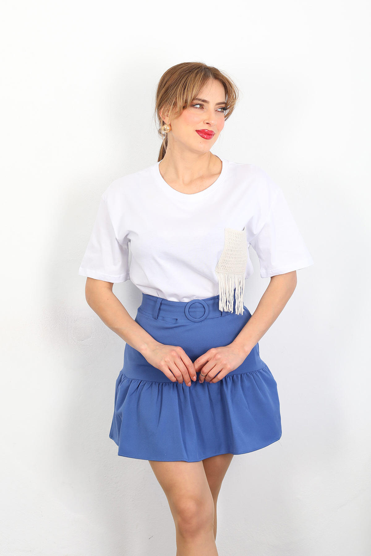 Cep Püskül Detaylı Oversize Beyaz Kadın T-shirt