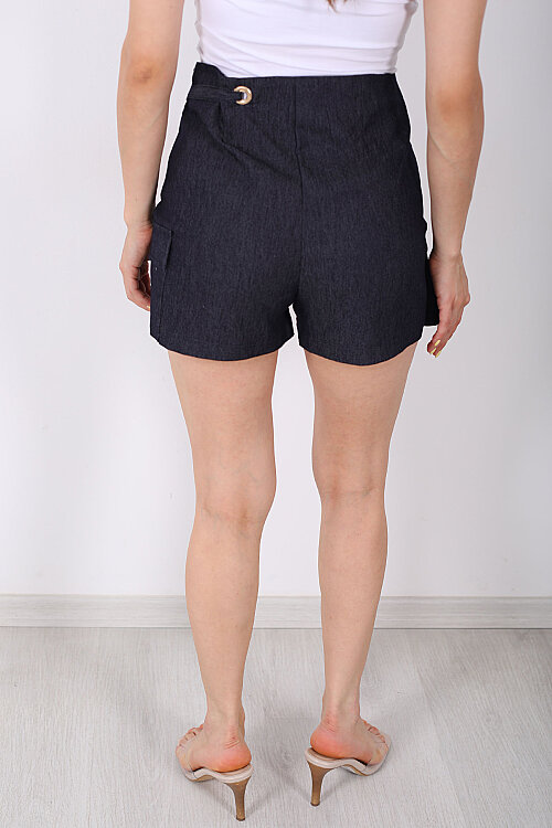 Cep Ve Kemer Detaylı Kadın Lacivert Denim Mini Şort Etek - 5