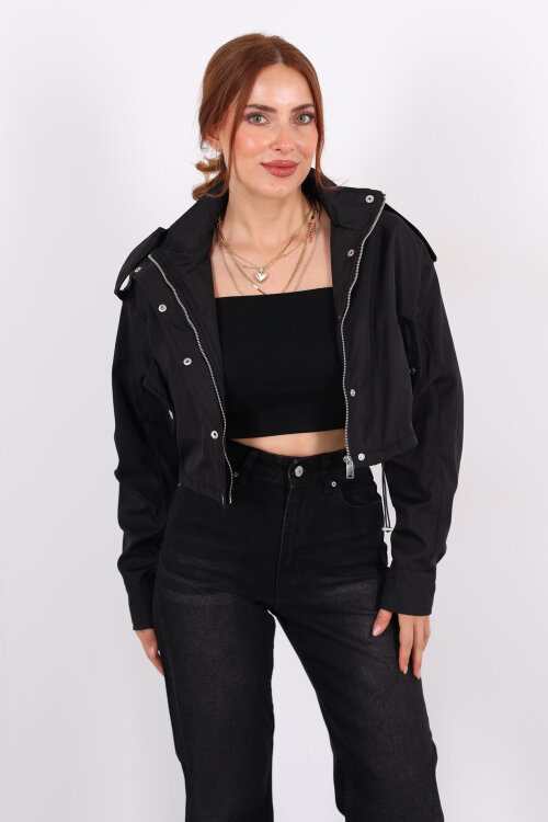 Cepli Düğme Detaylı Siyah Kadın Kısa Trençkot - 3