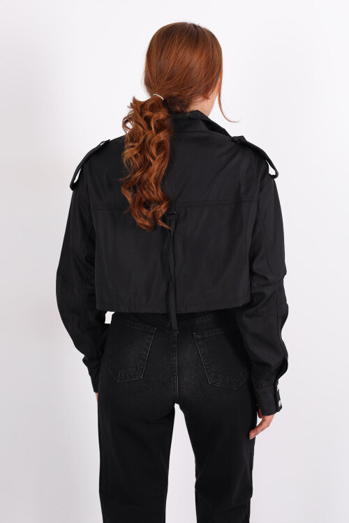 Cepli Düğme Detaylı Siyah Kadın Kısa Trençkot - 6