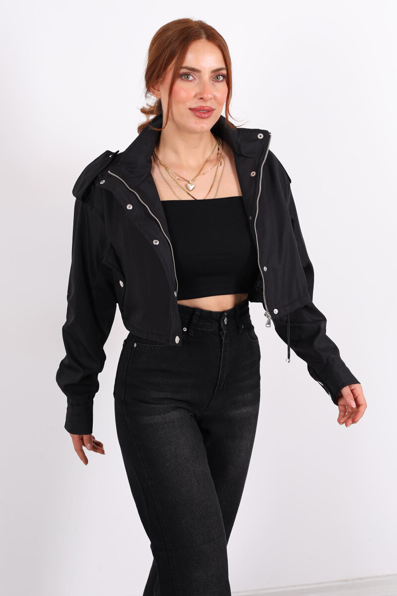 Cepli Düğme Detaylı Siyah Kadın Kısa Trençkot - 7