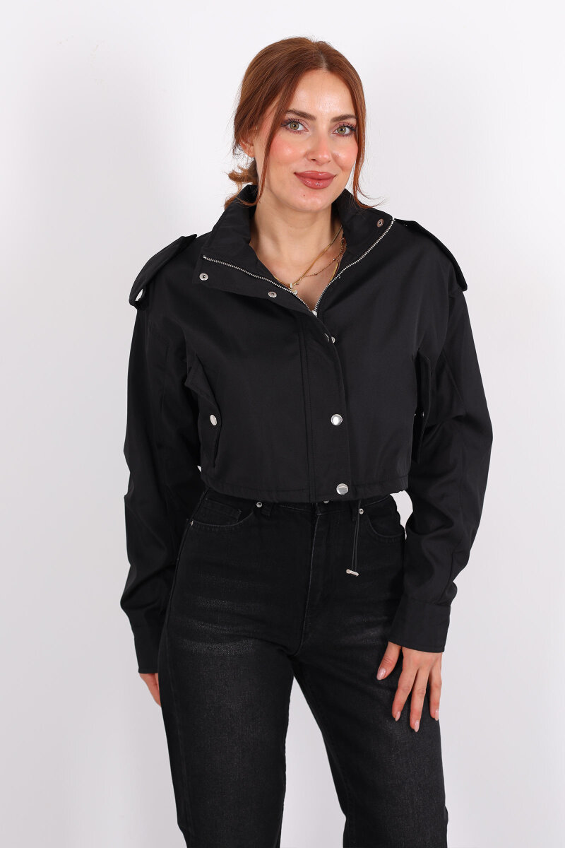 Cepli Düğme Detaylı Siyah Kadın Kısa Trençkot - 4