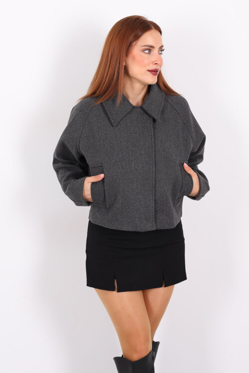 Cepli Fermuarlı Kısa Füme Kadın Kaşe Ceket - 3