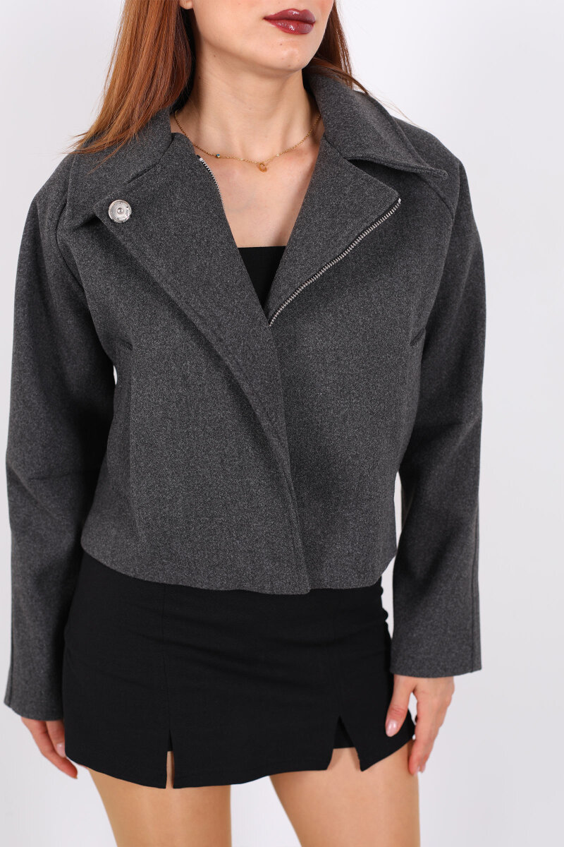 Cepli Fermuarlı Kısa Füme Kadın Kaşe Ceket - 2